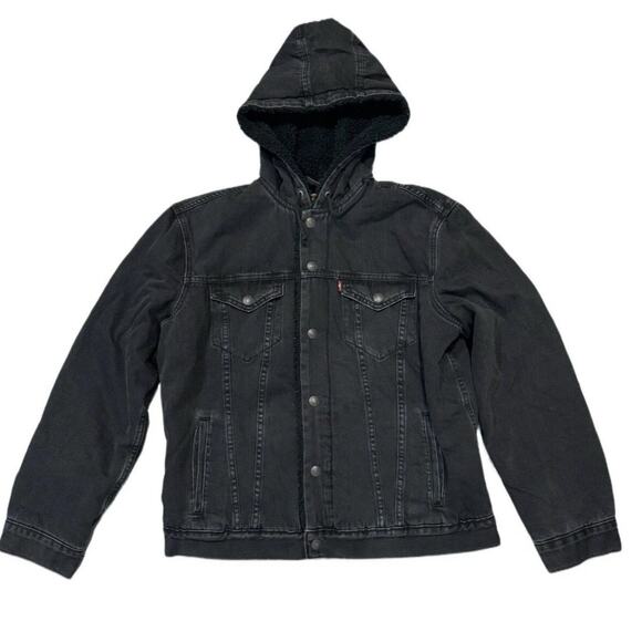 Levis Mens Denim Sherpa Lined Hooded Jean Jacket Fall Pocket Drawstring Size S - Picture 1 of 3